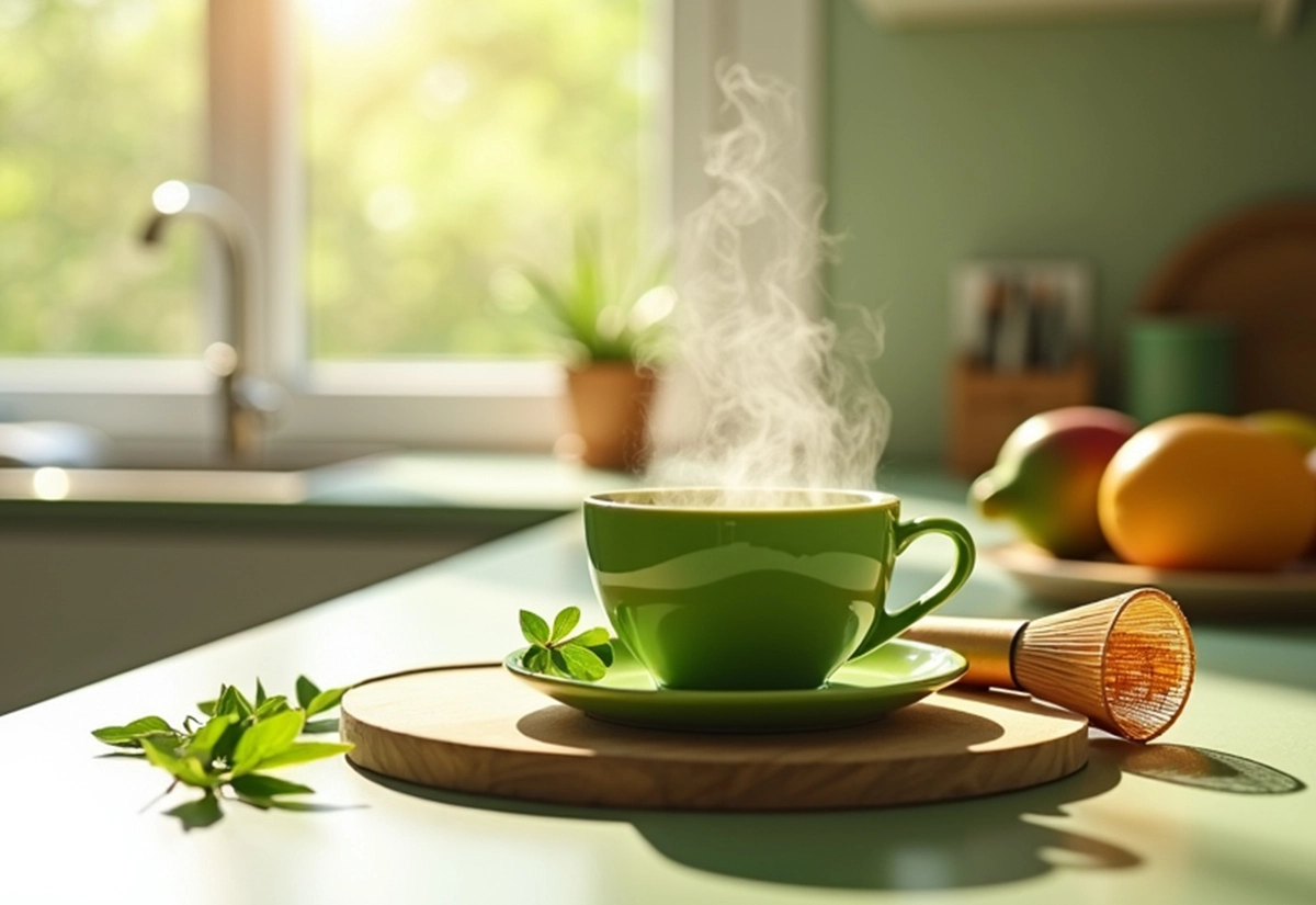 Poudre de thé matcha verte vibrante avec un fouet traditionnel en bambou sur un tapis en bambou.