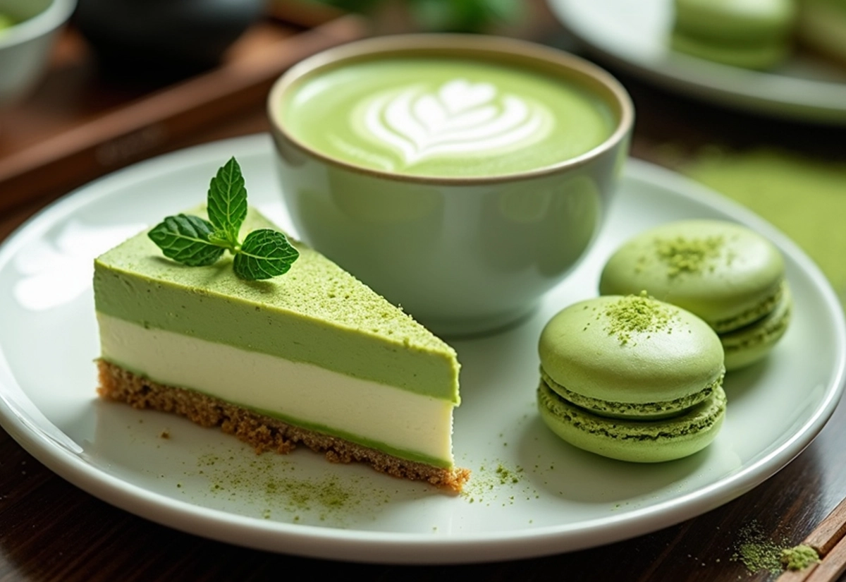 ne part de gâteau au matcha garnie de menthe fraîche, et deux macarons au matcha saupoudrés de poudre de matcha.
